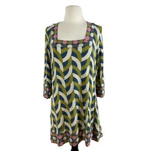 Boden Dress US 10 Green Gray Pink Tan Dot  Print Long 3/4 Sleeve Shift Excellent